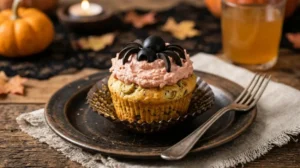 Muffin salati di Halloween con ragnetti Muffin salato di Halloween decorato con mousse di mortadella e un ragnetto fatto con olive nere