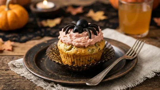 Muffin salato di Halloween decorato con mousse di mortadella e un ragnetto fatto con olive nere