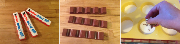 Infine prendete le barrette di cioccolato Kinder e tagliatele a scaglie piuttosto grosse. Versate la panna negli stampini ed aggiungete il cioccolato.