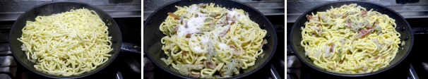 Portate a bollore una pentola con abbondante acqua salata e cuocete la pasta. Scolatela al dente e tenete da parte un bicchiere di acqua di cottura.  Aggiungete la pasta nella padella con la verza e lo speck e mescolate per insaporire la pasta. Se necessario aggiungete un po’ di acqua di cottura della pasta. Spegnete la fiamma e aggiungete il grana grattugiato.