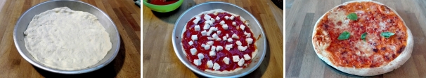 Ungete d’olio 4 teglie da forno tonde. Ricavate 4 pizze tonde dall’impasto precedentemente preparato e stendetelo nelle teglie. Ricoprite ogni pizza con abbondante salsa di pomodori san marzano che avrete condito a crudo con un filo di olio e un pizzico di sale. Aggiungete i dadini di mozzarella. Infornate a 200 gradi per 20 minuti circa. Sfornate e decorate con qualche fogliolina di basilico. 