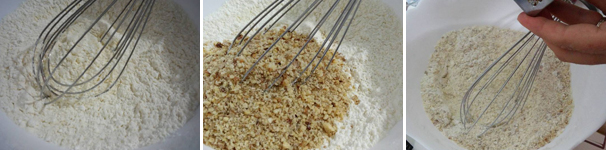 In una ciotola mescolate la farina 00, la fecola di mais, la farina di noci, la cannella in polvere, la buccia d’arancia e mescolate.