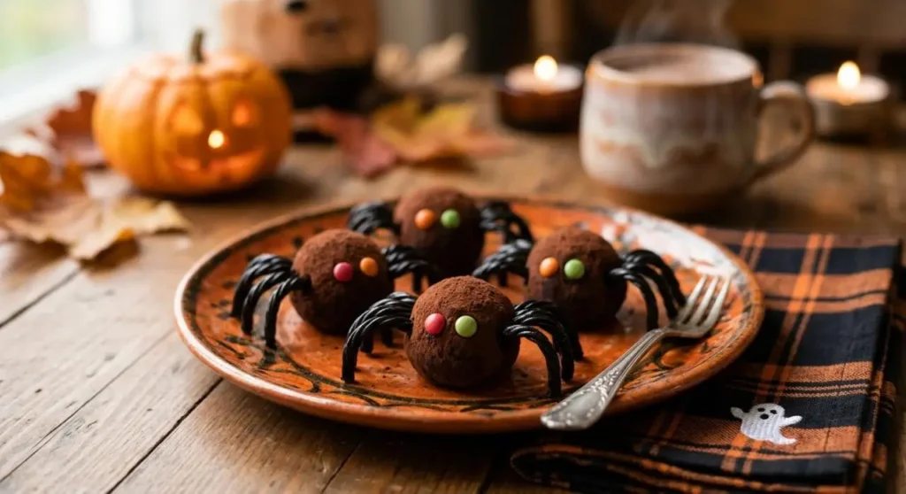 Ragnetti di Halloween al cioccolato pronti da servire Ragnetti di Halloween al cioccolato senza cottura decorati con occhietti colorati e zampine di liquirizia su un piatto arancione festivo