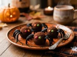 Ragnetti di Halloween al cioccolato senza cottura decorati con occhietti colorati e zampine di liquirizia su un piatto arancione festivo