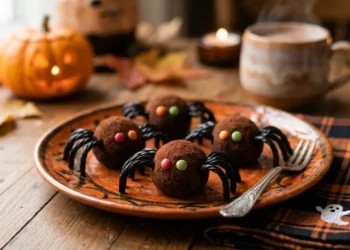 Ragnetti di Halloween al cioccolato senza cottura decorati con occhietti colorati e zampine di liquirizia su un piatto arancione festivo