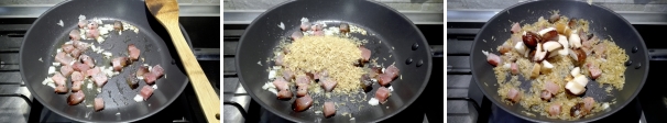 Quando il guanciale comincia ad imbiondire, aggiungete il riso e fatelo tostare 5 minuti. Sfumate con il vino bianco, fate evaporare l’alcool e aggiungete i funghi porcini. Mescolate.