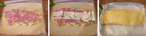 Tagliate a fette la mortadella e ponetela sopra le patate, fate la stessa cosa con la mozzarella. Poi con delicatezza chiudete la sfoglia formando il vostro rotolo e spennellate la superficie con il tuorlo d’uovo.