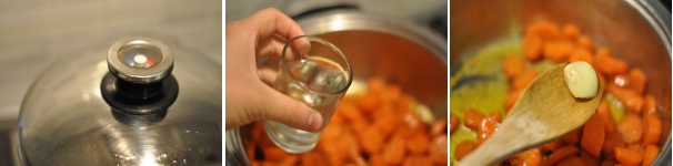 Dopo che l’alcool è evaporato, chiudete con un coperchio e lasciate cuocere per 10 minuti. A tempo trascorso aggiungete l’acqua e proseguite la cottura per altri 10 minuti a pentola scoperta. Eliminate gli spicchi d’aglio