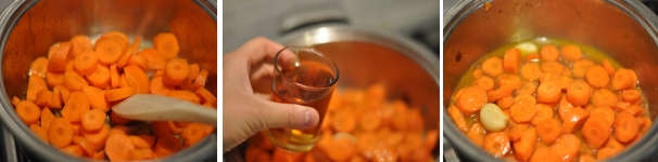 Unite le carote e mescolate per insaporirle. Ora aggiungete l’Armagnac, mescolate e lasciate sfumare l’alcool per un paio di minuti in modo che rimanga il profumo del liquore.