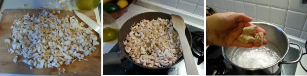 Tagliate i funghi finemente con un coltello ed aggiungeteli alla cipolla. Salate e cuocete a fuoco medio-basso. Mettete l’acqua in una pentola. Salatela e portate ad ebollizione. Buttate gli gnocchi nell’acqua e cuocete per circa 7 minuti. Scolateli e conditeli con il ragù di funghi.