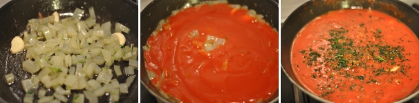 Unite le coste di bieta lessate e saltatele per pochi minuti. Aggiungete la passata di pomodoro e regolate di sale e pepe. Aromatizzate con prezzemolo tritato e cuocete per una decina di minuti. Intanto accendete il forno a 170 gradi.