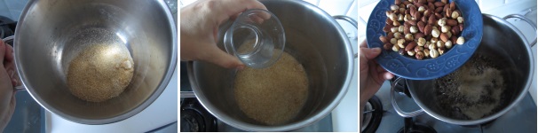Versate lo zucchero nella pentola ed aggiungete l’acqua. Mescolate e iniziate cuocere fin quando non appariranno bolle e schiuma sulla superficie. A questo punto versate le nocciole e le mandorle nello zucchero.