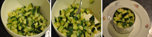 Condite le zucchine in una ciotola a parte. Con l’auto di un coppapasta porzionate la tartare su un piatto in modo da dare una forma cilindrica e ordinata. Schiacciate bene ad uniformare le zucchine, togliete il coppapasta e servite