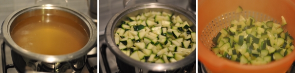 Portate ad ebollizione il brodo di pollo e gettatevi dentro la dadolata di zucchine. Dovrà cuocere giusto 5/6 minuti, il tempo di ammorbire i bocconcini e renderli più piacevoli al palato. Assaggiateli, poi scolateli e lasciateli intiepidire