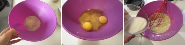 Versate lo zucchero in una ciotola ed aggiungete le uova. Sbattete il tutto con le fruste ed iniziate aggiungere il latte poco alla volta, mescolando.