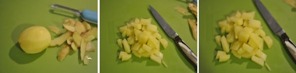 Preparate la patata sbucciandola, tagliandola a metà, poi in quarti e infine a bocconcini. Dovranno risultare cubetti abbastanza piccoli in modo che in cottura la maggior parte si sfaldino.