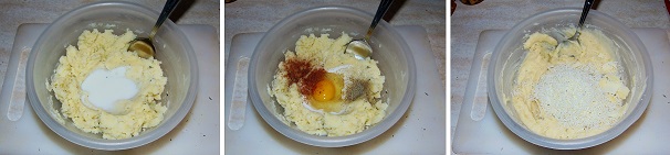 Riprendete l’impasto di patate fredde e proseguite unendo il latte intero ed a seguire l’uovo interno, il pepe nero, un pizzico di noce moscata e per finire anche il parmigiano reggiano grattugiato.