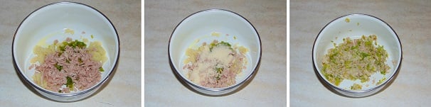 A porro e patate unite anche le fette di mortadella tritate ed il grana padano grattuggiato, aggiungete un pizzico di sale e mischiate bene tutto.
