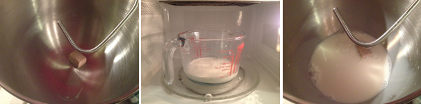Per preparare le ciambelle soffici al forno, mettete nella ciotola della planetaria il lievito fresco. Fate intiepidire il latte, versate anche questo nella ciotola e lasciate sciogliere il lievito.