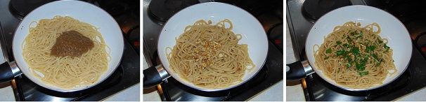 Aggiungete agli spaghetti la bagna cauda e mantecate sulla fiamma per qualche minuto; assorbito il liquido, togliete dal fuoco e unite le noci tritate ed il prezzemolo fresco anch’esso tritato fine. Amalgamate bene e servite la pasta ben calda.