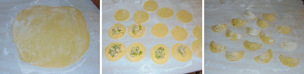 Su di un piano leggermente infarinato, tirate l’impasto all’uovo realizzato precedentemente e con un coppa pasta tagliate dei cerchi di pasta, che farcirete con il composto di porri e patate, dopo di che chiudete ogni porzione a mezzaluna.