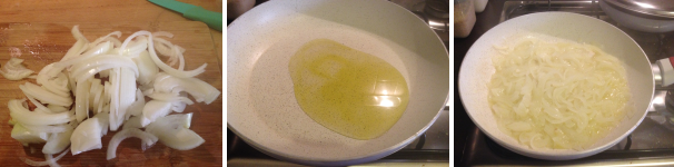 Dopo averle sbucciate, tagliate a fette le cipolle, mettetele in una padella dove avrete fatto scaldare dell’olio extravergine di oliva e fatele soffriggere per 10 minuti senza farle bruciare.
