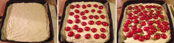 Stendetelo su una teglia ricoperta di carta forno e leggermente unta sul fondo, cercando di tenere i bordi della vostra focaccia leggermente più spessi. Posizionate tutti i pomodorini con la parte tagliata rivolta verso il basso e poi mettete sopra anche le olive. Aggiungete sopra due cucchiai di olio extravergine di oliva e fate cuocere in forno statico a 180 gradi per 25 minuti.
 