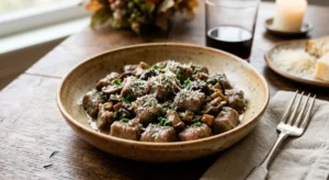 Gnocchi di Castagne con Ragù di Funghi in Ciotola Rustica Un primo piano invitante di una ciotola di gnocchi di castagne fatti in casa conditi con un ricco ragù di funghi e prezzemolo, serviti su un tavolo di legno.
