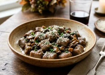 Un primo piano invitante di una ciotola di gnocchi di castagne fatti in casa conditi con un ricco ragù di funghi e prezzemolo, serviti su un tavolo di legno.