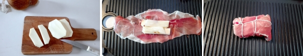 Affettate la scamorza ricavando due fette alte circa 2 centimetri. Dividete le fette a metà. Sistemate due fette di prosciutto crudo sul tagliere sovrapponendole leggermente e posizionate la centro un pezzo di scamorza. Completate con un petalo di finocchio grigliato. Arrotolate il prosciutto formando un involtino e chiudetelo con dello spago da cucina.