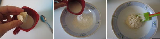 Riscaldate un po’ di latte con un cucchiaino di zucchero e sciogliete dentro il lievito. In una ciotola mettete 4 cucchiai di farina e versate sopra il latte con il lievito sciolto. Mescolate per unire bene gli ingredienti. Coprite la ciotola con un canovaccio pulito e lasciate lievitare in forno acceso per circa 30 minuti.