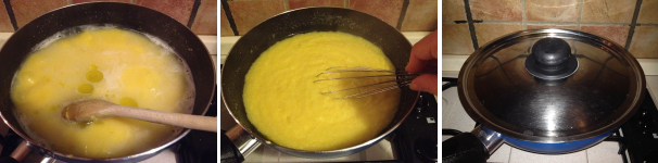 Aggiungete l’olio extravergine di oliva per evitare di fare formare grumi e mescolate ancora il tutto con una frusta. Poi coprite con il coperchio, abbassate la fiamma al minimo e dimenticatevi la vostra polenta per 50 minuti.