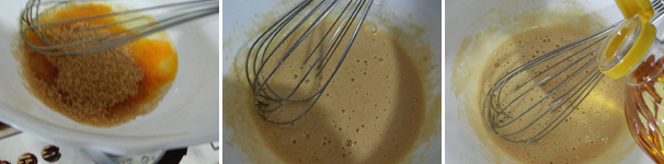 In una ciotola montante lo zucchero di canna rimanente con l‘uovo per qualche minuto. Aggiungete poi l’olio di semi di girasole a filo e continuate a mescolare.