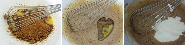 Intanto che il cioccolato bianco si raffredda leggermente, preparate l’impasto della torta. In una ciotola mescolate con una frusta l’uovo con lo zucchero di canna. Aggiungete poi l’olio di semi di girasole, il succo di melograno e lo yogurt e mescolate di nuovo.