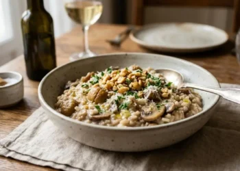 Risotto alle castagne e funghi cremoso servito in un piatto fondo in ceramica
