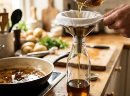 Un uomo versa l'olio della frittura da una padella in una bottiglia di vetro usando un imbuto e un panno bianco per filtrarlo.