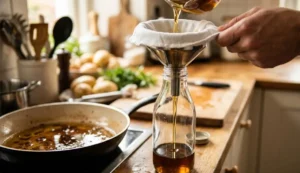 Come riutilizzare l'olio della frittura in sicurezza Un uomo versa l'olio della frittura da una padella in una bottiglia di vetro usando un imbuto e un panno bianco per filtrarlo.