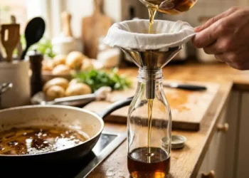 Come riutilizzare l'olio della frittura in sicurezza Un uomo versa l'olio della frittura da una padella in una bottiglia di vetro usando un imbuto e un panno bianco per filtrarlo.