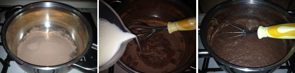 Mentre cuoce la pasta biscotto potete preparare il budino. Mettete il contenuto di una busta in un pentolino, aggiungete a filo 500 millilitri di latte tenendo mescolato con una frusta per non fare formare grumi. Portate poi ad ebollizione e lasciate intiepidire il tutto.