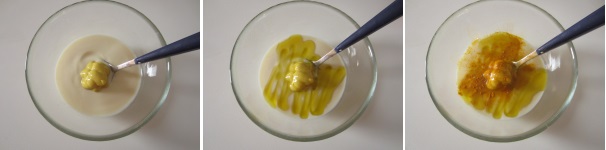 Preparate la salsa. In una ciotolina versate lo yogurt. Aggiungete la senape e l’olio extravergine. Cospargete con la curcuma.