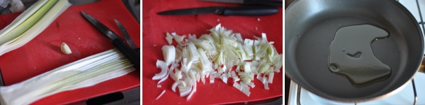 Tagliate la parte verde del porro, privatelo delle prime foglie, dividetelo in due e tagliatelo a listarelle. Sbucciate l’aglio e, nel frattempo, mettete a scaldare l’olio in una padella antiaderente.