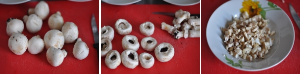 Pulite gli champignon dalla terra, privateli del gambo e tagliate la parte finale, quindi tritatela finemente al coltello e mettete da parte.
 