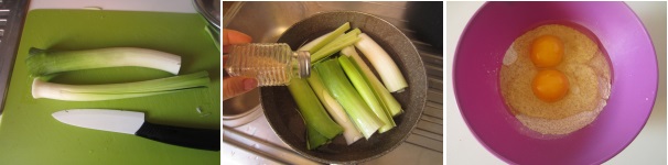 Pulite i porri e tagliate via le foglie esterne. Versate un po’ di acqua oppure il brodo vegetale in una padella, diponete i porri, salateli  e cuocete al vapore. Preparate l’impasto. Versate la farina in una ciotola, aggiungete le uova. Salate a piacere.