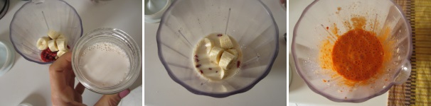 Aggiungete lo yogurt bianco non dolce alla frutta e due cucchiaini di acqua. Cospargete con lo zenzero in polvere. Frullate per ottenere una consistenza liscia ed omogenea.