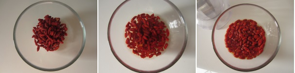 Versate le bacche di Goji in una ciotolina oppure in bicchiere e coprite con l’acqua. Lasciate ammollo per circa 30 minuti. Quando le bacche di Goji assorbiranno tutta l’acqua, strizzatele bene.