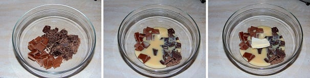 In una ciotola capiente versate il cioccolato a latte ed il cioccolato fondente, entrambi tagliati a pezzetti. Versate ancora dentro la ciotola il latte condensato ed il pezzo di burro, quindi fate sciogliete il tutto a bagnomaria. Mescolate di continuo in modo da evitare che il cioccolato più vicino ai bordi della ciotola e quindi al calore si bruci.