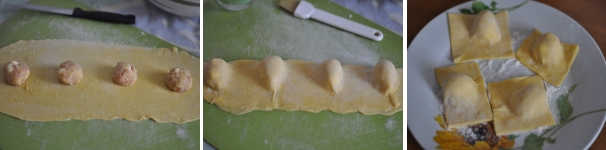 Create delle palline di composto e ripiegate la pasta su se stessa. Bagnate il bordo con l’acqua e chiudete i ravioli premendo bene tra un raviolo e l’altro e sul bordo. Tagliate con un coltello e premete nuovamente i bordi in maniera da non far fuoriuscire il ripieno in cottura. Mettete i ravioli su una superficie infarinata, portate abbondante acqua salata a bollore e cuocete i ravioli. Basteranno un paio di minuti. Conditeli con un po’ di burro fuso e formaggio grattugiato