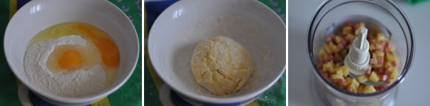 E’ tempo di preparare la pasta. In una ciotola mettete la farina, le uova e il pizzico di sale. Mescolate prima con la forchetta poi a mano e iniziate a impastare fino ad ottenere una palla densa e compatta.  Lasciatela riposare coperta con la pellicola per 20 minuti. Intanto frullate in un robot da cucina le mele e il prosciutto