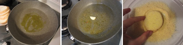 Versate l’olio in una padella. Aggiungete le spezie ed uno spicchio d’aglio leggermente schiacciato. Riscaldate l’olio. Tagliate fette di scamorza di circa un centimetro di spessore e impanatele nella farina gialla da tutte le parti.