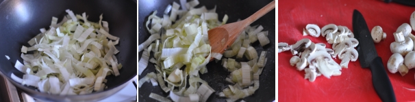 Mettete il porro in padella e fatelo stufare con l’aglio. Intanto private i funghi della terra e tagliateli a fettine sottili.